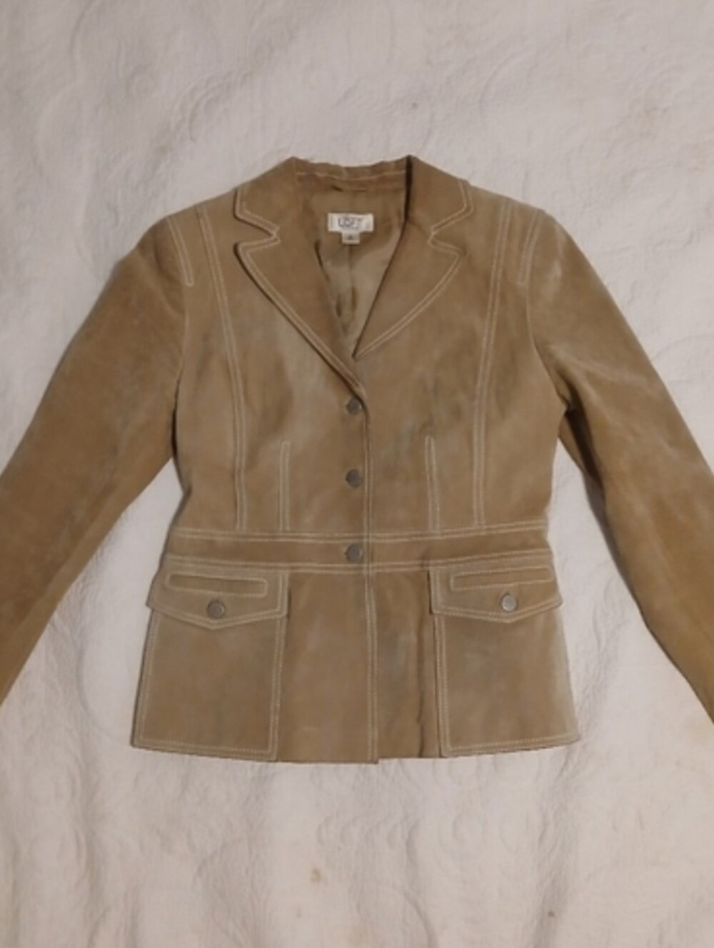 LOFT Ann Taylor Tan Camel Suede Leather Blazer Jacket Neurtal Stitched Size 8